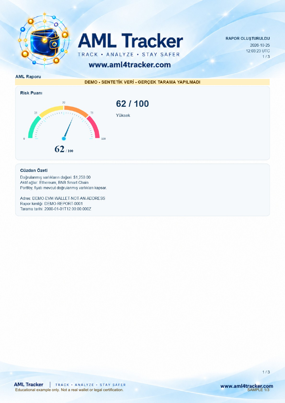 Risk puanı, özet, sentetik adres, rapor kimliği ve tarama zamanı.